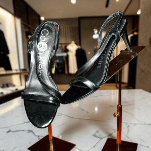 black glossy strappy high-heel sandals.