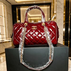 Chanel Quilted Patent Leather Bowling Bag – Burgundy