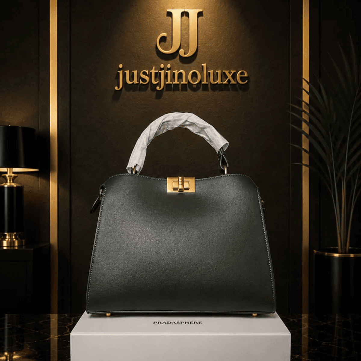 Dark Green Structured Luxury Top-Handle Handbag