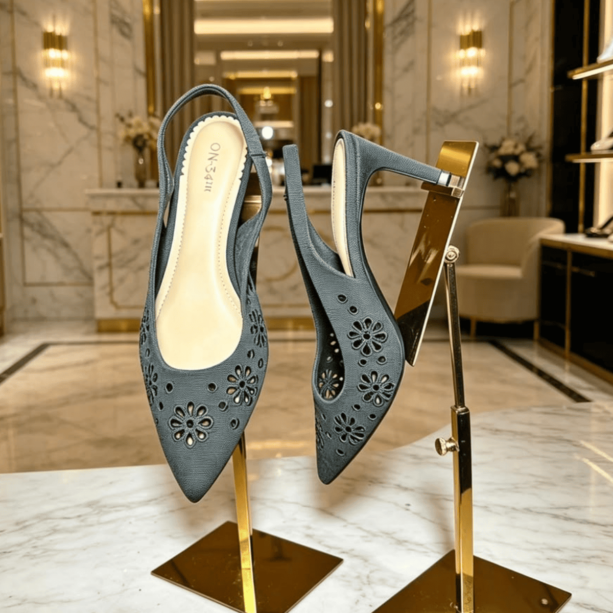 Dark Grey Floral Cutout Pointed-Toe Slingback Heels