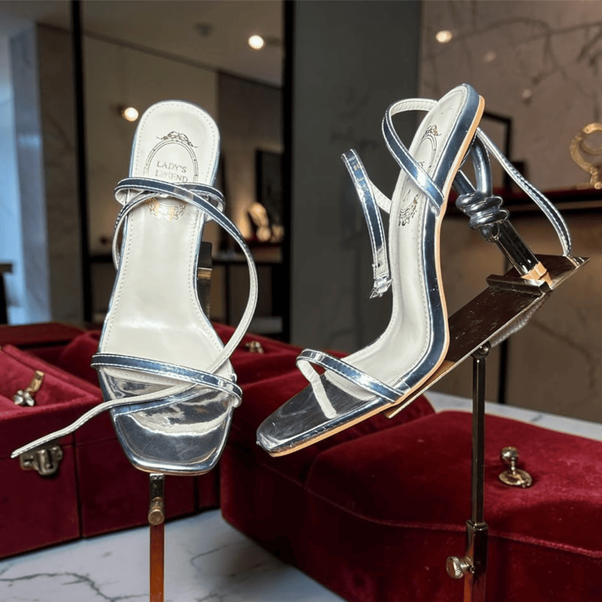 Silver Metallic Strappy High-Heel Sandals