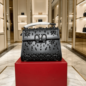Valentino Garavani Crystal Embellished VLogo Top-Handle Bag – Black