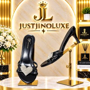 Evelisse Black Patent Heart Crystal Heeled Sandals