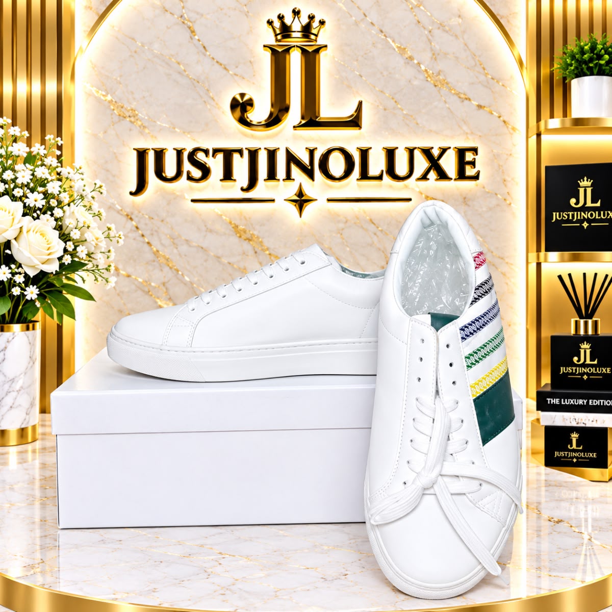 Prism Stripe White Leather Sneakers –